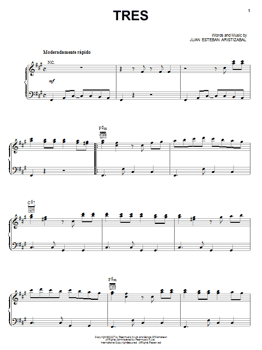 Juanes Tres sheet music notes and chords arranged for Piano, Vocal & Guitar Chords (Right-Hand Melody)
