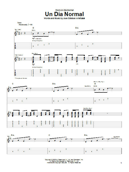 Juanes Un Dia Normal sheet music notes and chords arranged for Guitar Tab