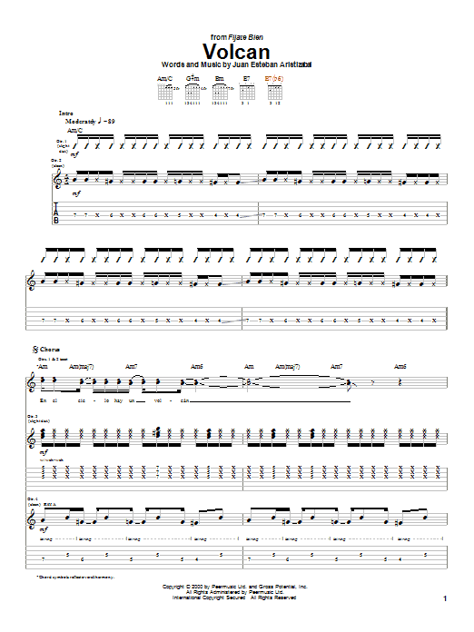 Juanes Volcan sheet music notes and chords arranged for Guitar Tab