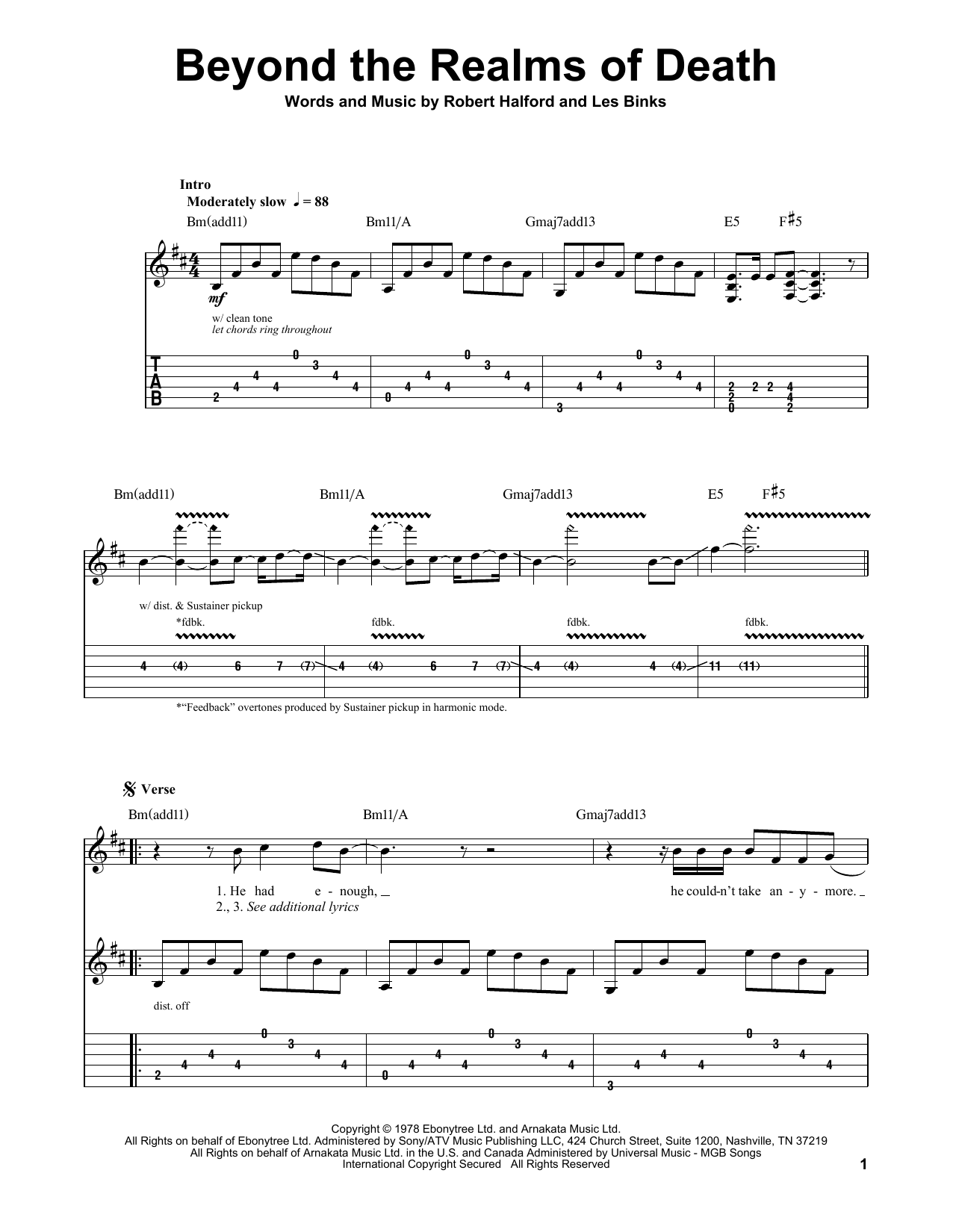 Judas Priest Beyond The Realms Of Death sheet music notes and chords arranged for Guitar Chords/Lyrics