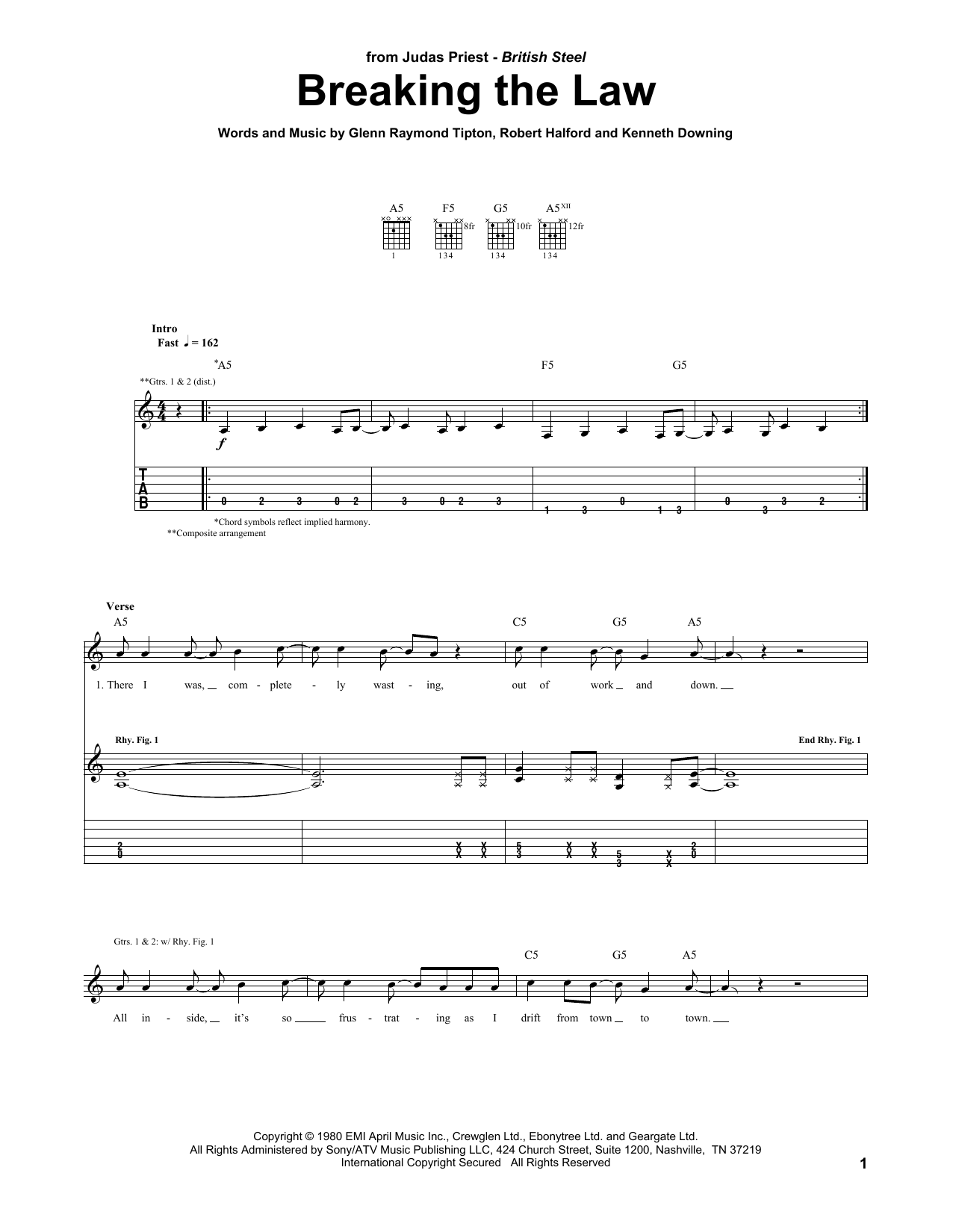 Judas Priest Breaking The Law sheet music notes and chords arranged for Guitar Tab