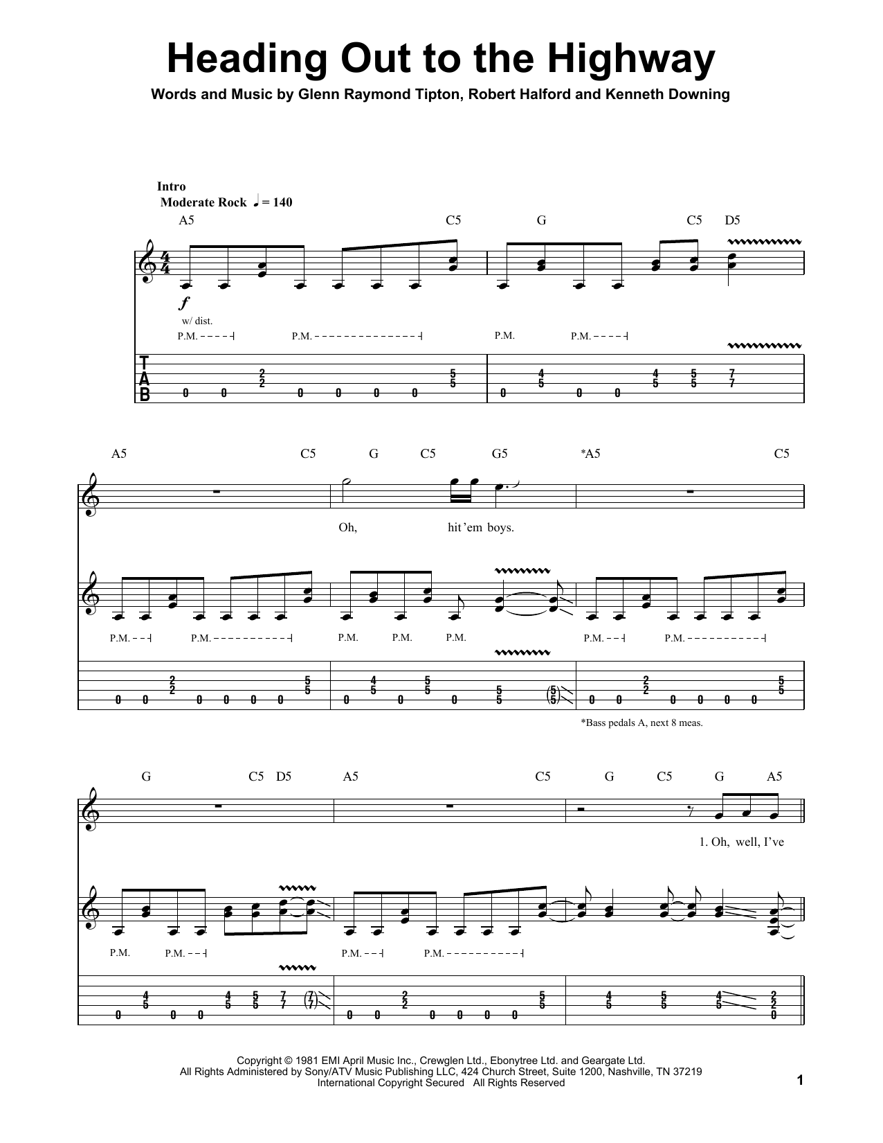 Judas Priest Heading Out To The Highway sheet music notes and chords arranged for Guitar Tab (Single Guitar)