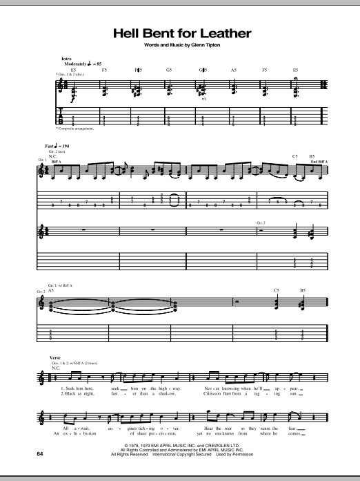 Judas Priest Hell Bent For Leather sheet music notes and chords arranged for Guitar Tab