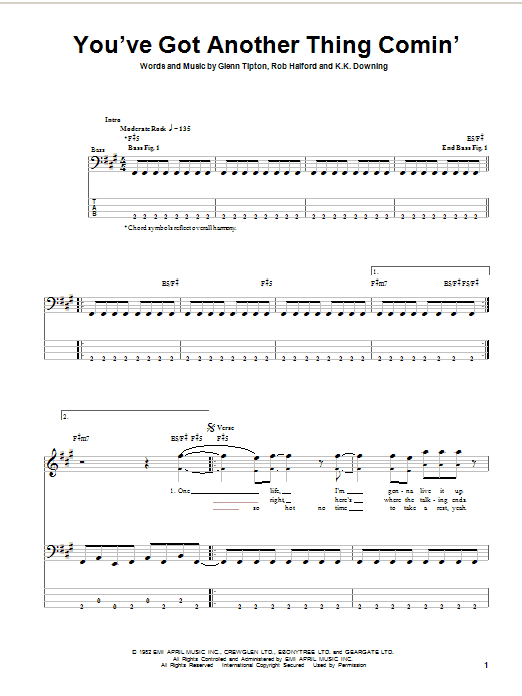 Judas Priest You've Got Another Thing Comin' sheet music notes and chords arranged for Bass Guitar Tab