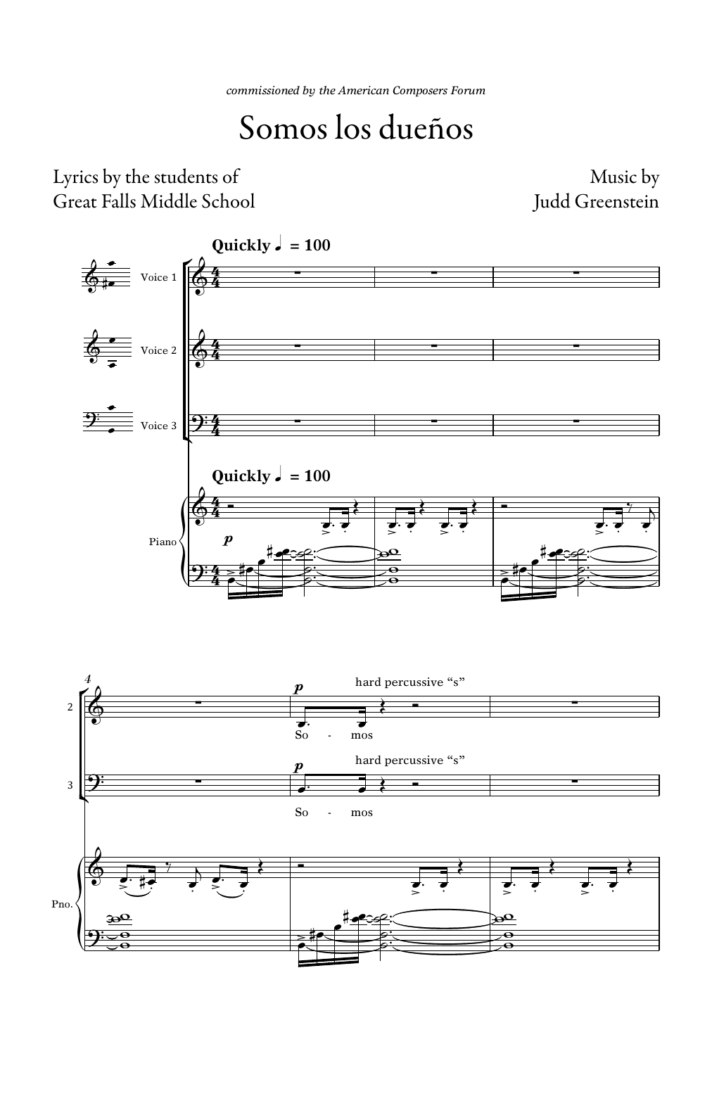 Judd Greenstein Somos Los Duenos sheet music notes and chords arranged for 3-Part Mixed Choir