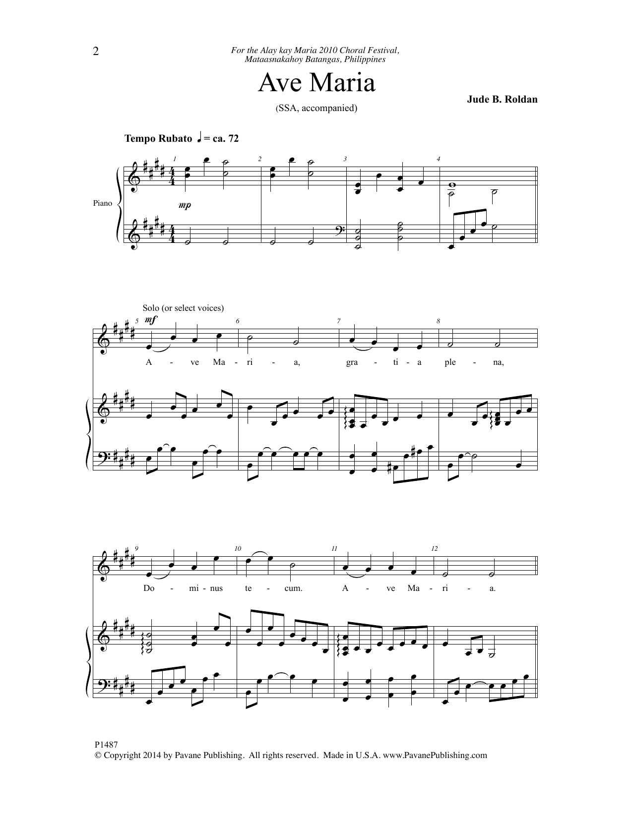 Jude B. Roldan Ave Maria sheet music notes and chords arranged for SSA Choir