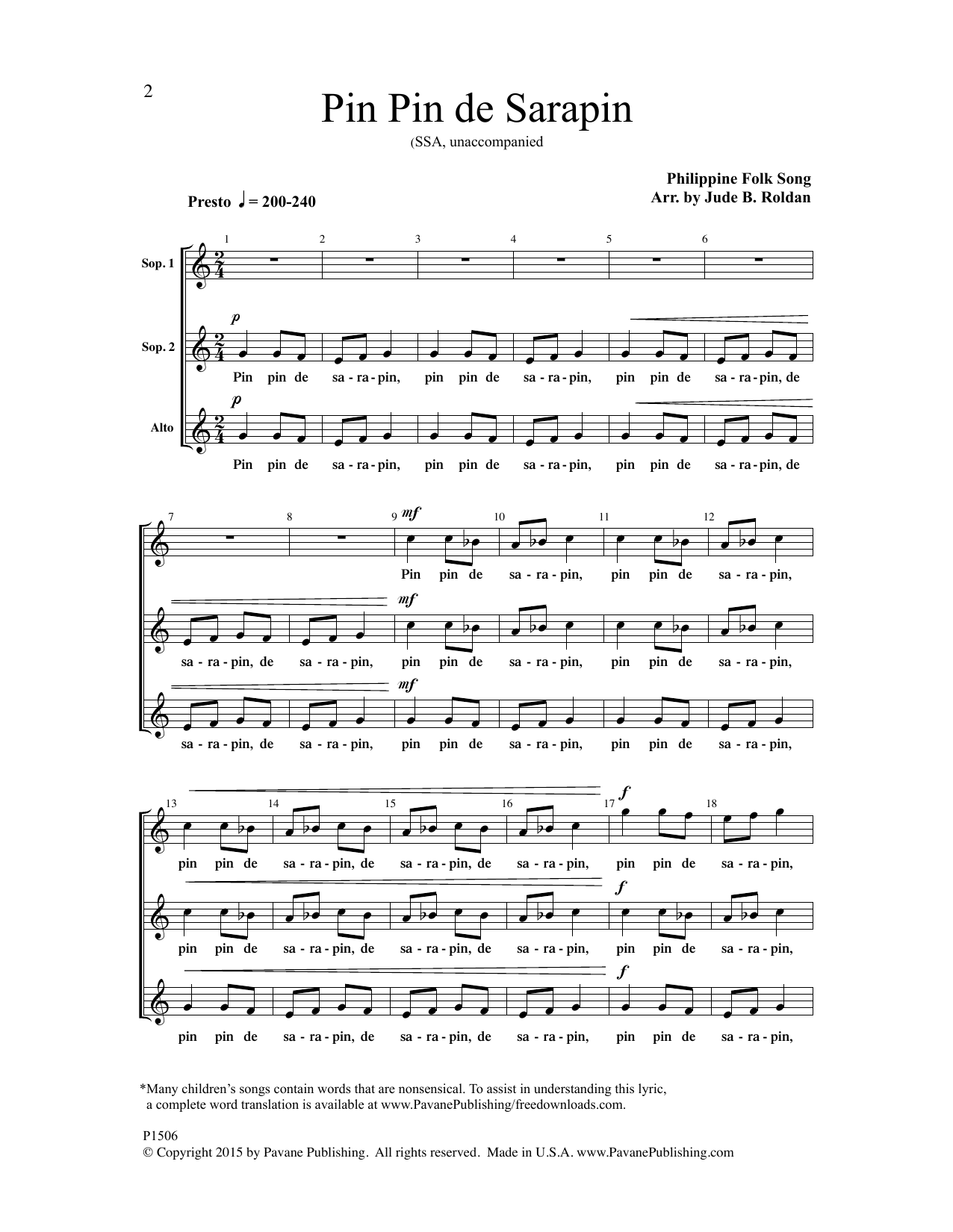 Jude B. Roldan Pin Pin de Sarapin sheet music notes and chords arranged for SSA Choir