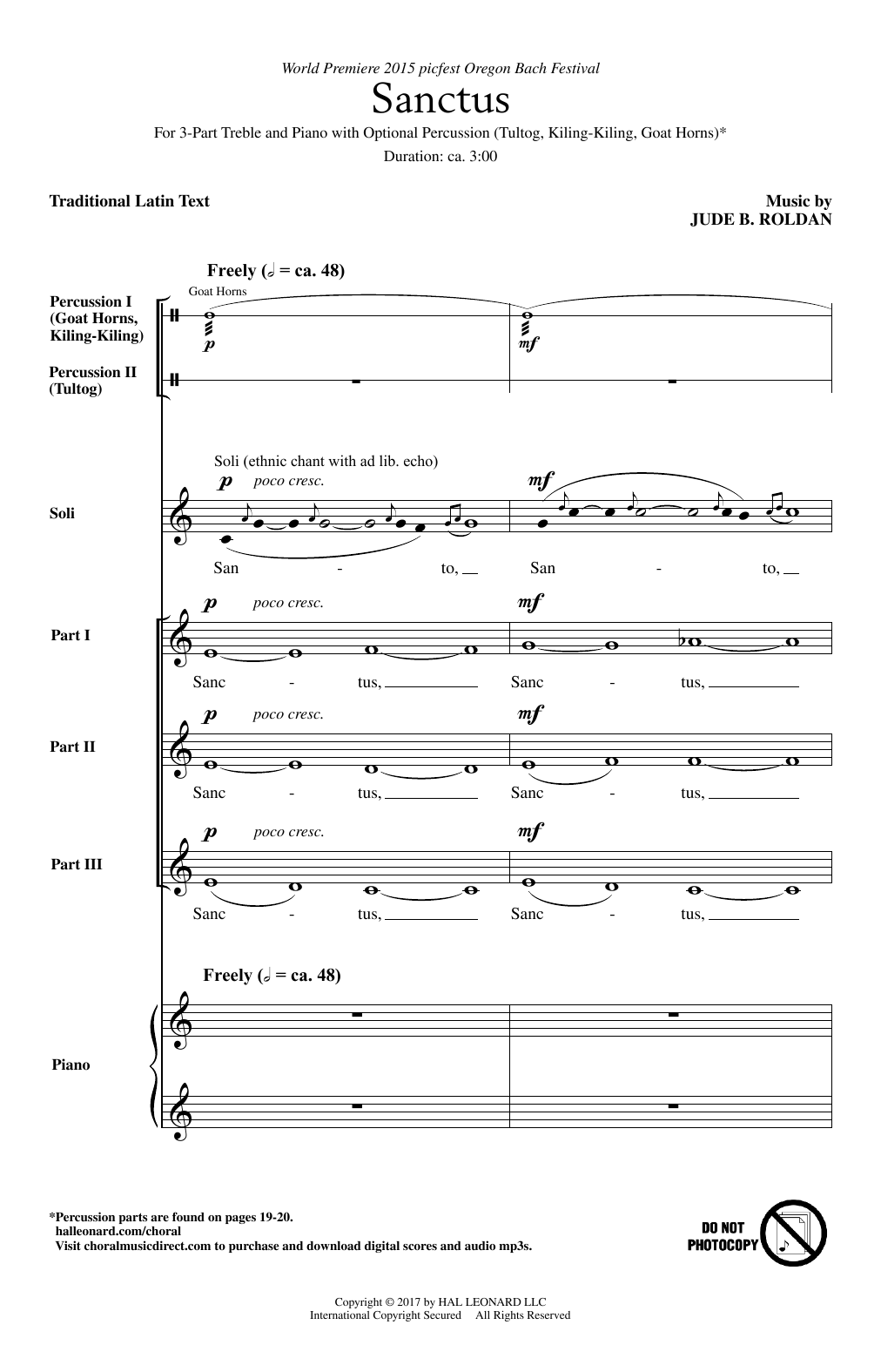 Jude B. Roldan Sanctus sheet music notes and chords arranged for 3-Part Treble Choir