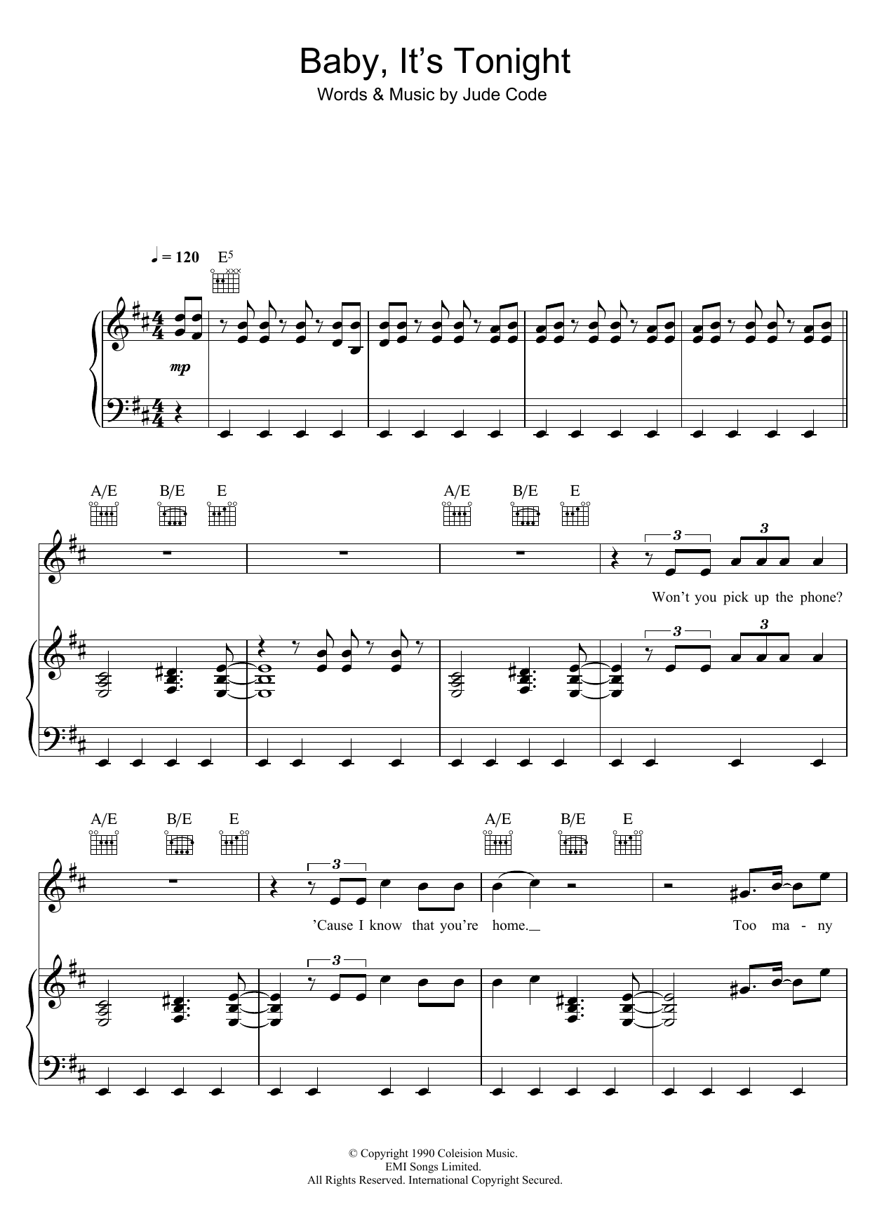 Jude Cole Baby, It's Tonight sheet music notes and chords arranged for Piano, Vocal & Guitar Chords