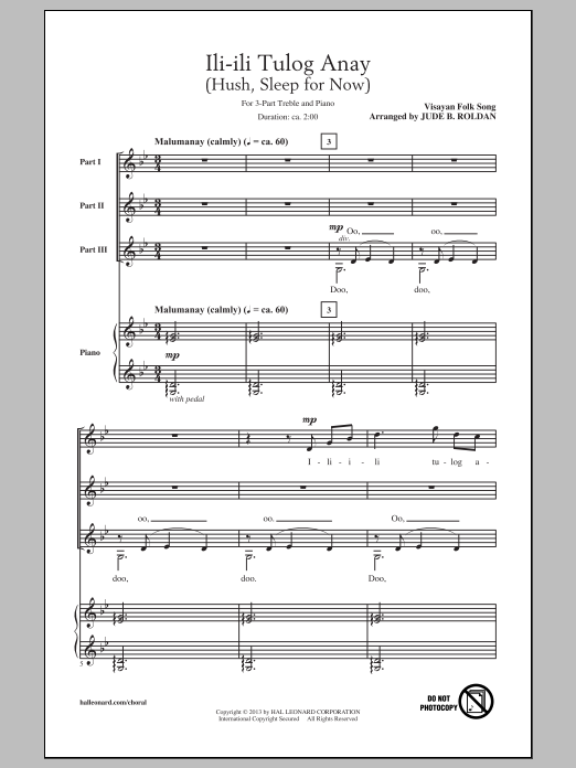 Jude Roldan Ili-Ili Tulog Anay sheet music notes and chords arranged for 3-Part Treble Choir
