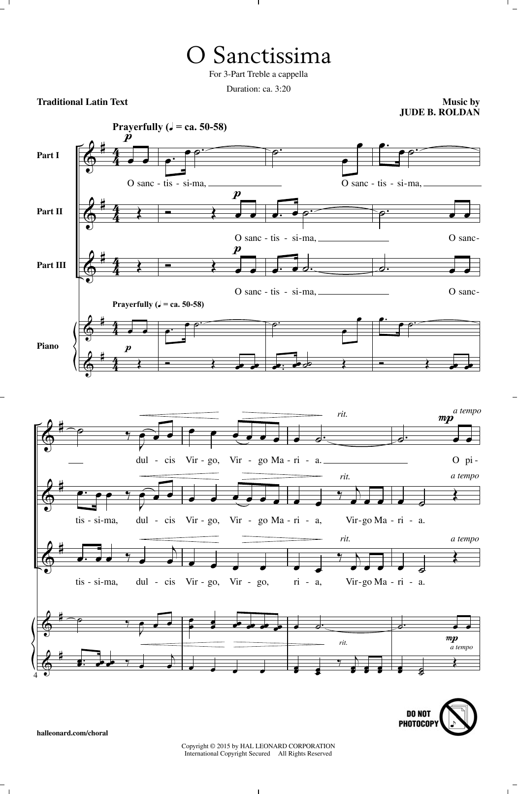 Jude Roldan O Sanctissima sheet music notes and chords arranged for 3-Part Treble Choir