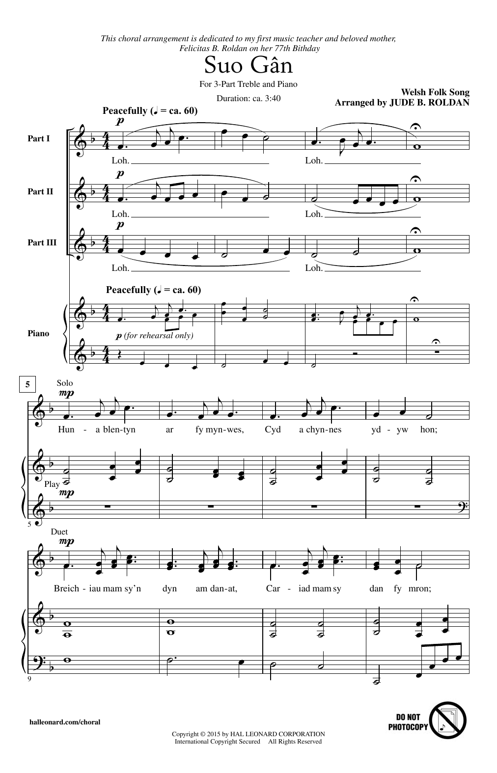 Jude Roldan Suo Gan sheet music notes and chords arranged for 3-Part Treble Choir
