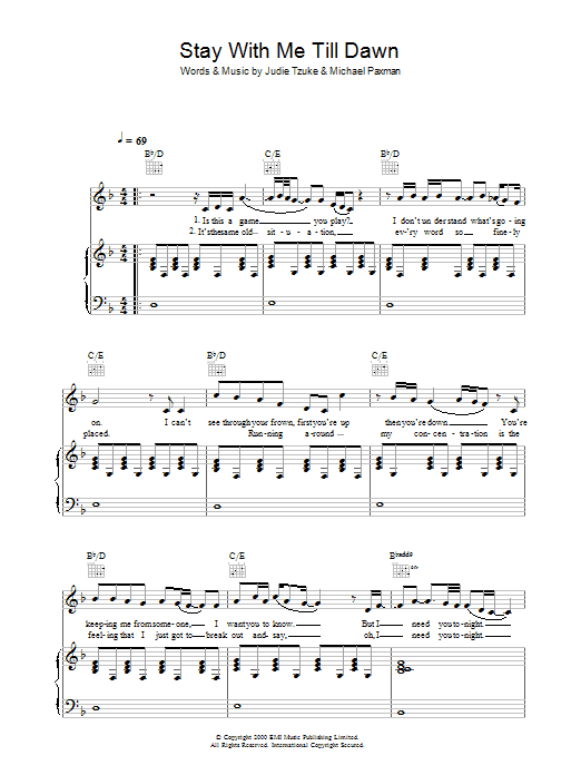 Judie Tzuke Stay With Me Till Dawn sheet music notes and chords arranged for Piano, Vocal & Guitar Chords