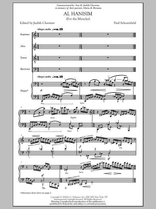 Judith Clurman Al Hanissim sheet music notes and chords arranged for SATB Choir