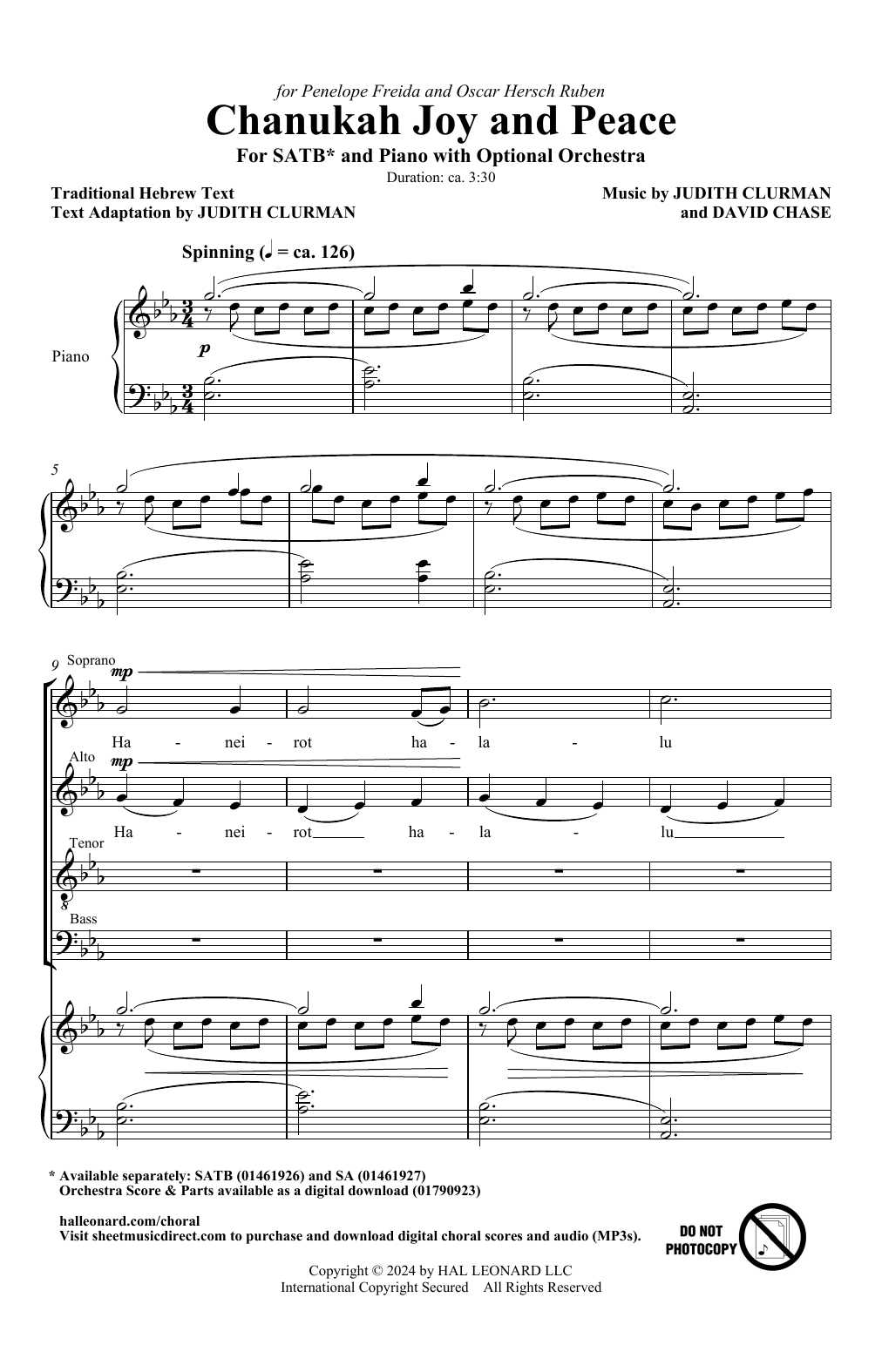 Judith Clurman and David Chase Chanukah Joy And Peace sheet music notes and chords arranged for SATB Choir