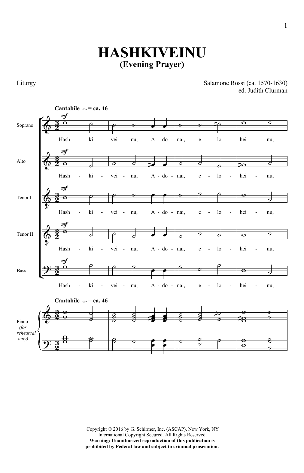 Judith Clurman Hashkiveinu sheet music notes and chords arranged for SATB Choir