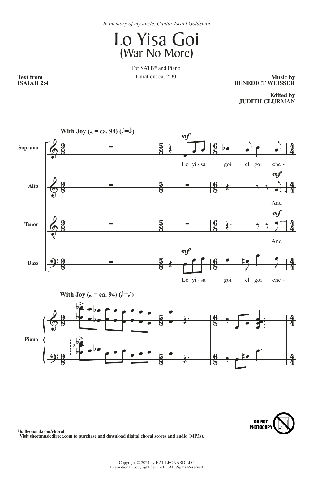 Judith Clurman Lo Yisa Goi sheet music notes and chords arranged for SATB Choir