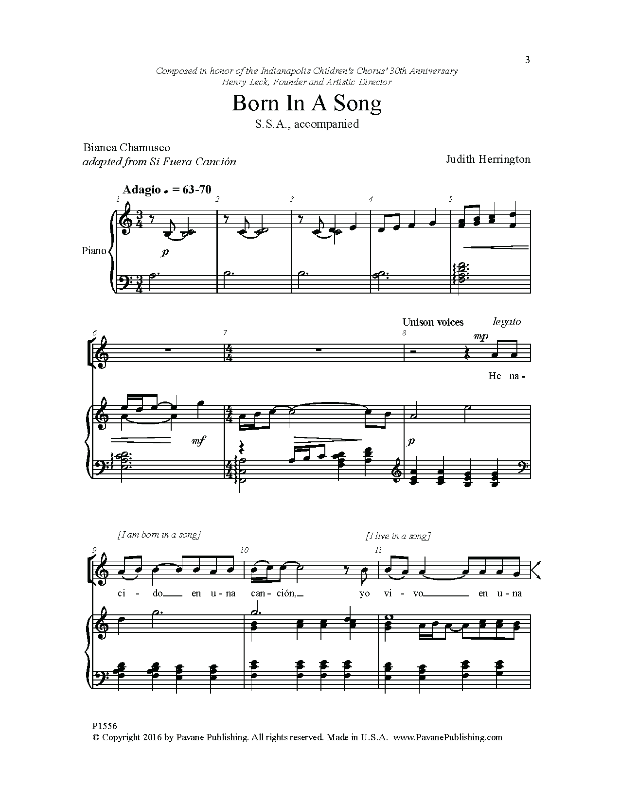 Judith Herrington Born in a Song sheet music notes and chords arranged for SSA Choir