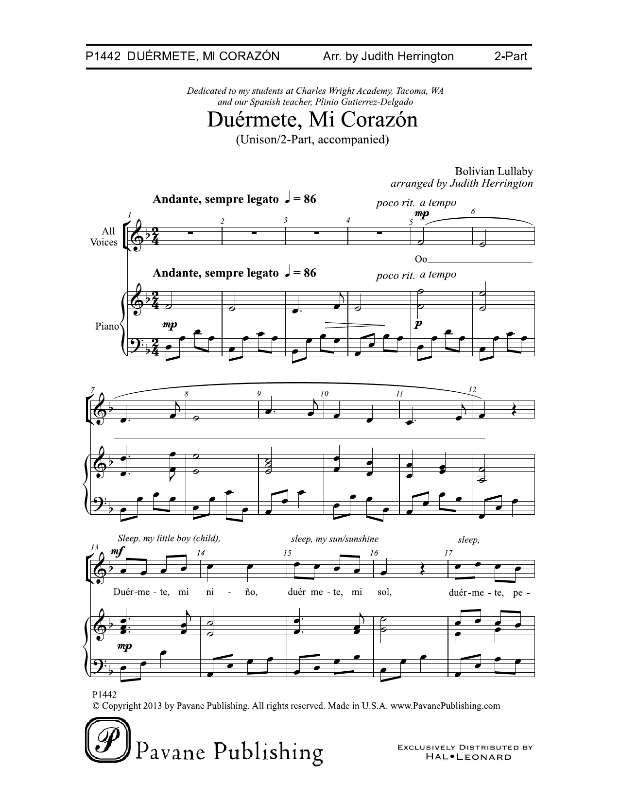 Judith Herrington Duermete, Mi Corazon sheet music notes and chords arranged for 2-Part Choir