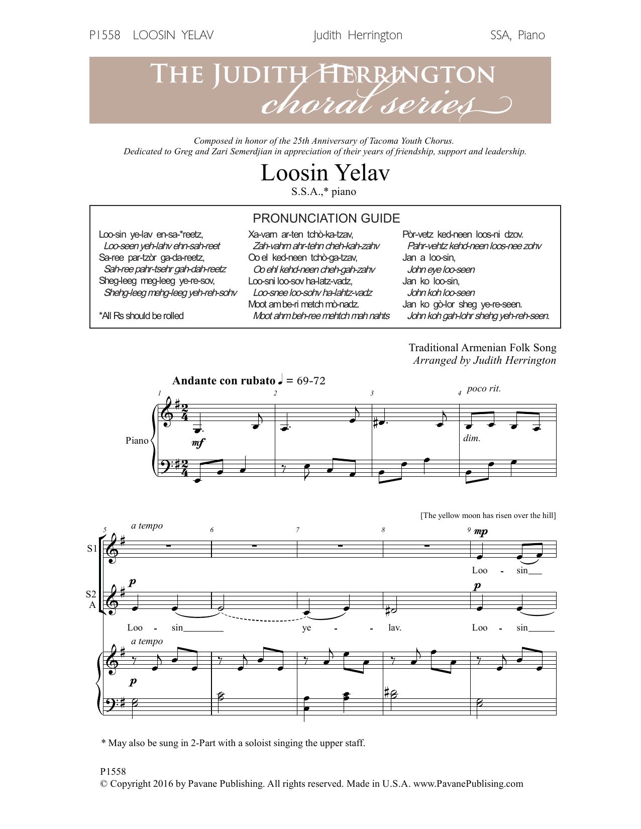 Judith Herrington Loosin Yelav sheet music notes and chords arranged for SSA Choir