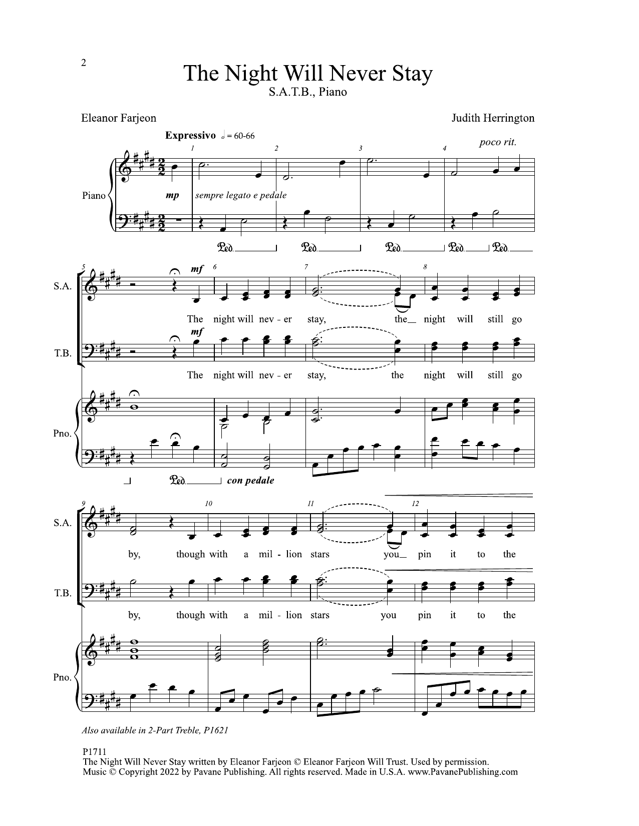 Judith Herrington The Night Will Never Stay sheet music notes and chords arranged for SATB Choir