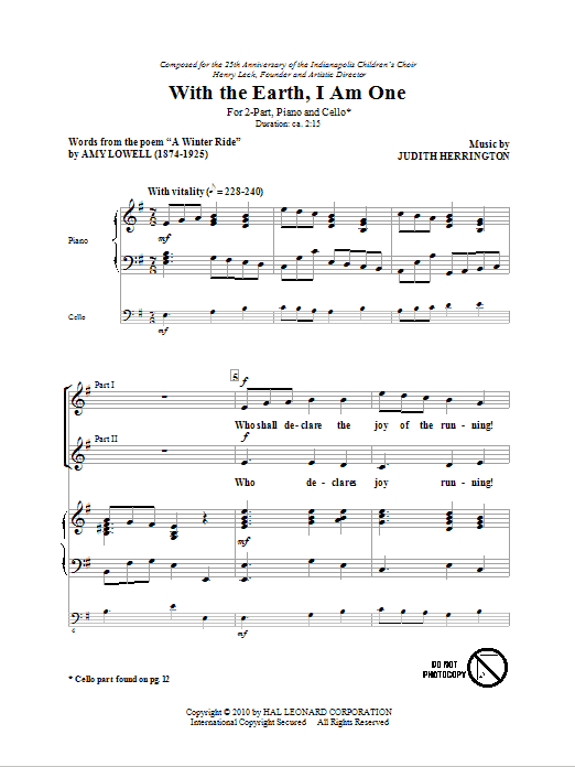 Judith Herrington With The Earth, I Am One sheet music notes and chords arranged for 2-Part Choir