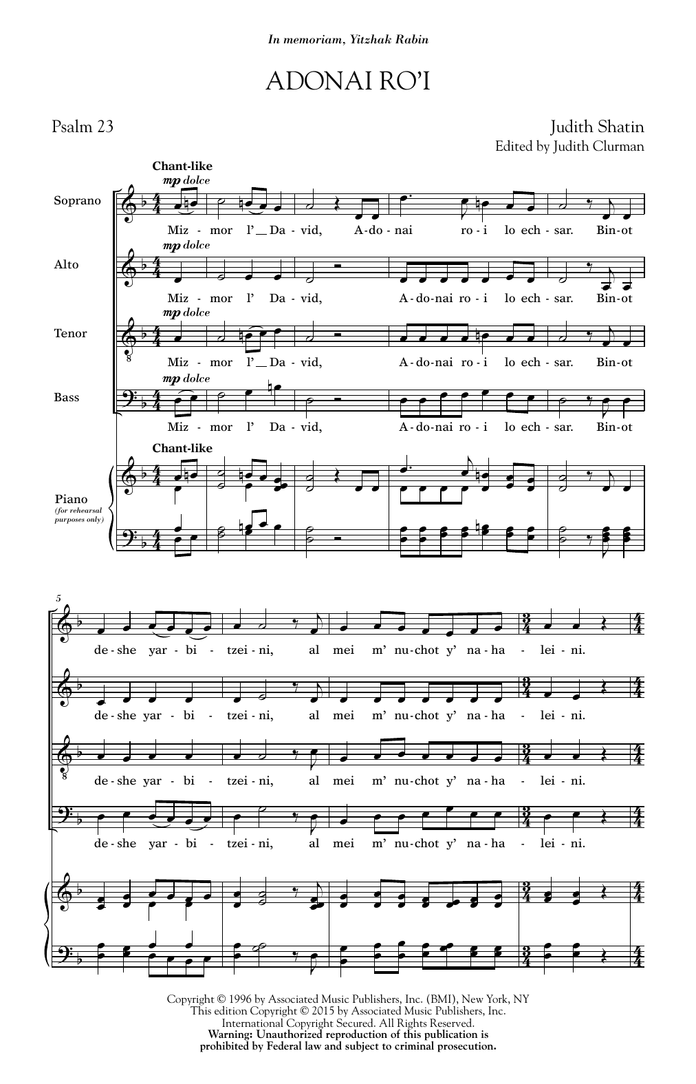Judith Shatin Adonai Ro'i sheet music notes and chords arranged for SATB Choir