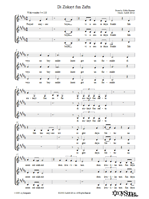 Judith Silver Di Ziskayt fun Zaftn sheet music notes and chords arranged for 3-Part Mixed Choir