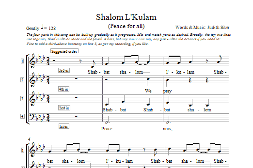 Judith Silver Shalom L'kulam sheet music notes and chords arranged for 4-Part Choir