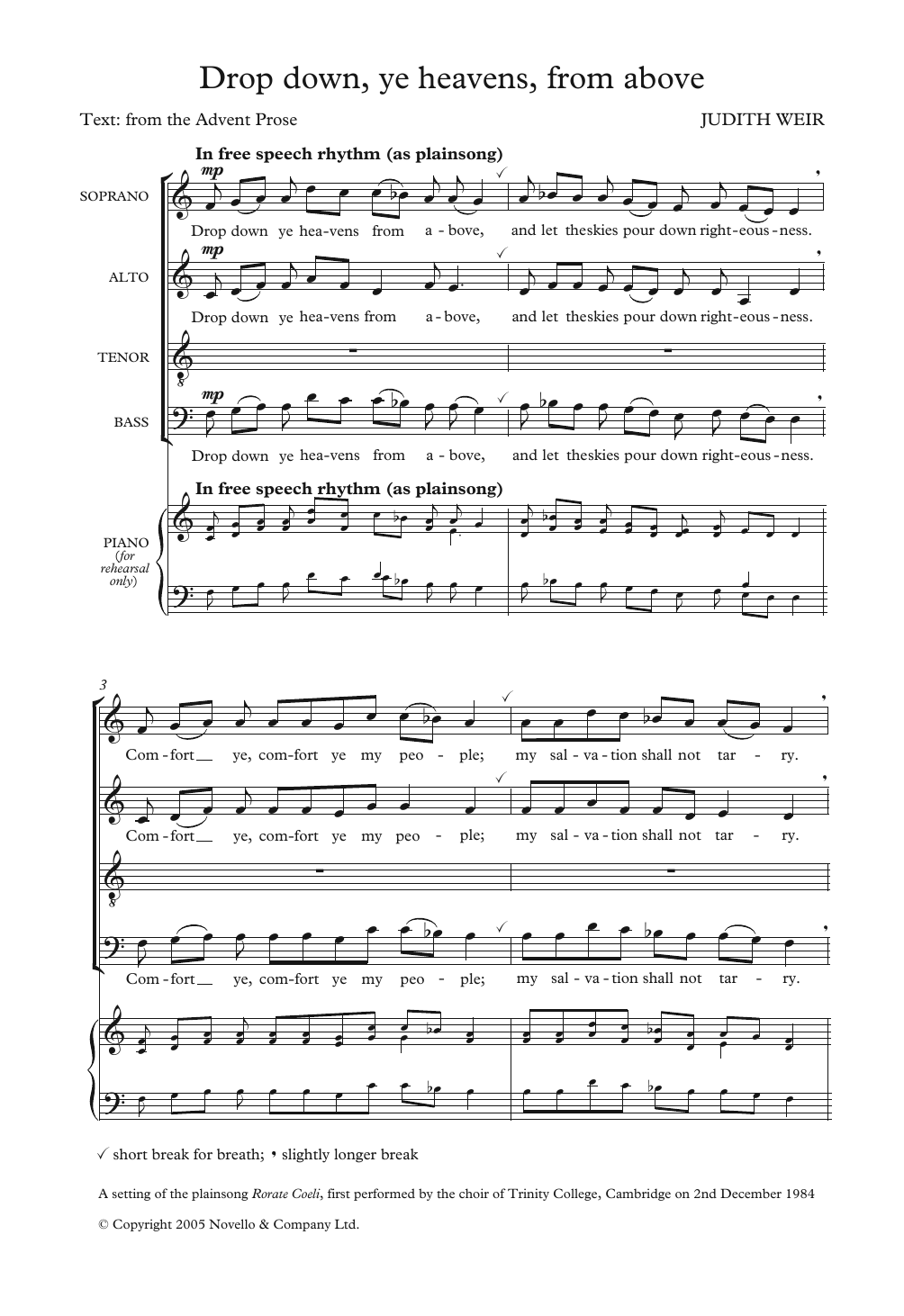 Judith Weir Drop Down Ye Heavens From Above sheet music notes and chords arranged for SATB Choir