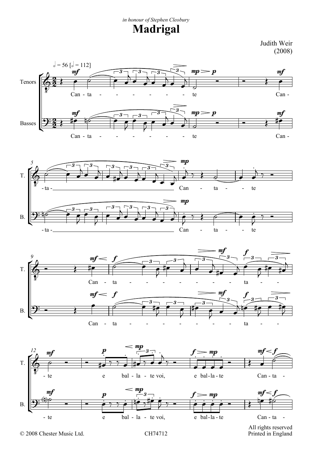 Judith Weir Madrigal sheet music notes and chords arranged for Piano, Vocal & Guitar Chords