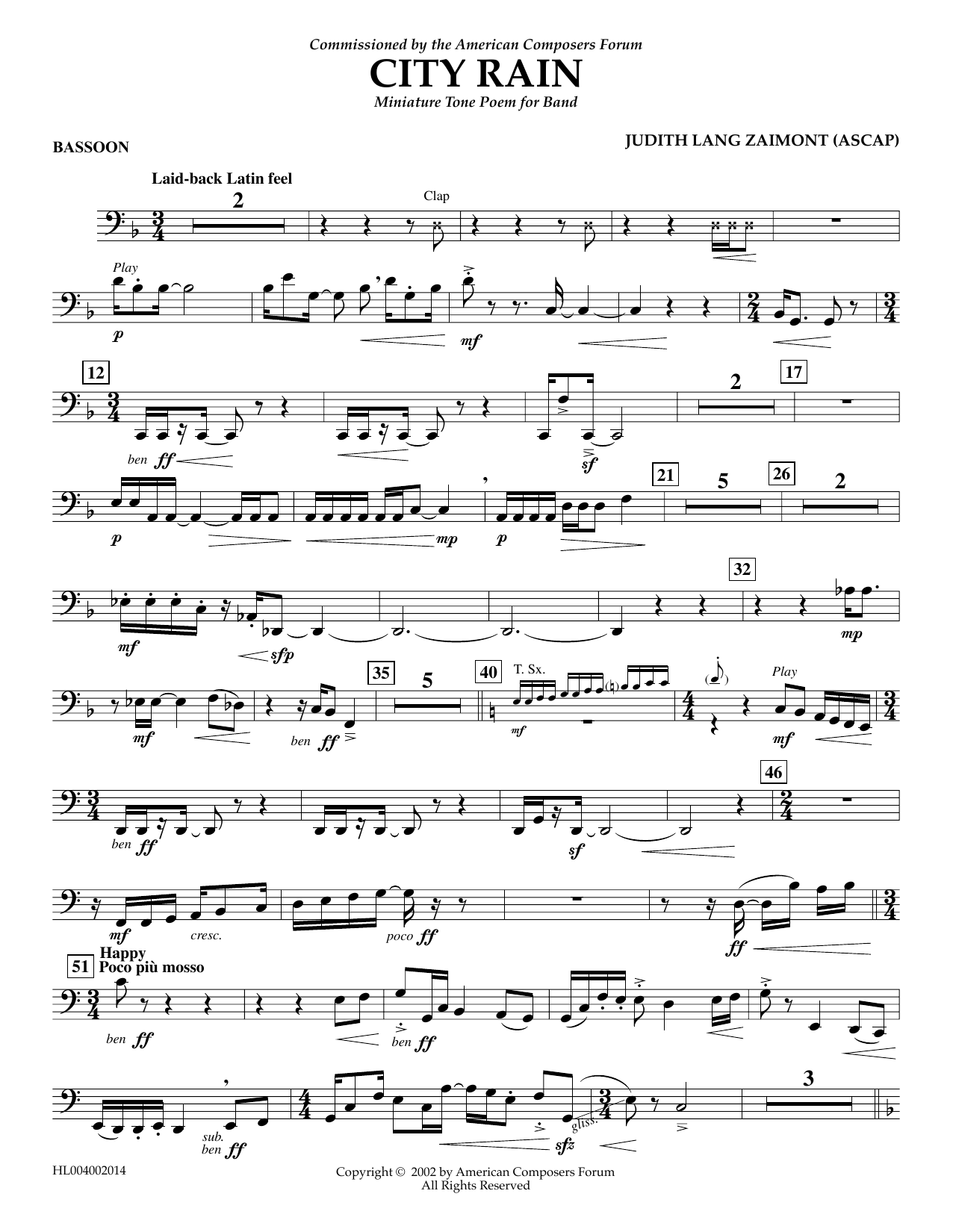 Judith Zaimont City Rain - Bassoon sheet music notes and chords arranged for Concert Band