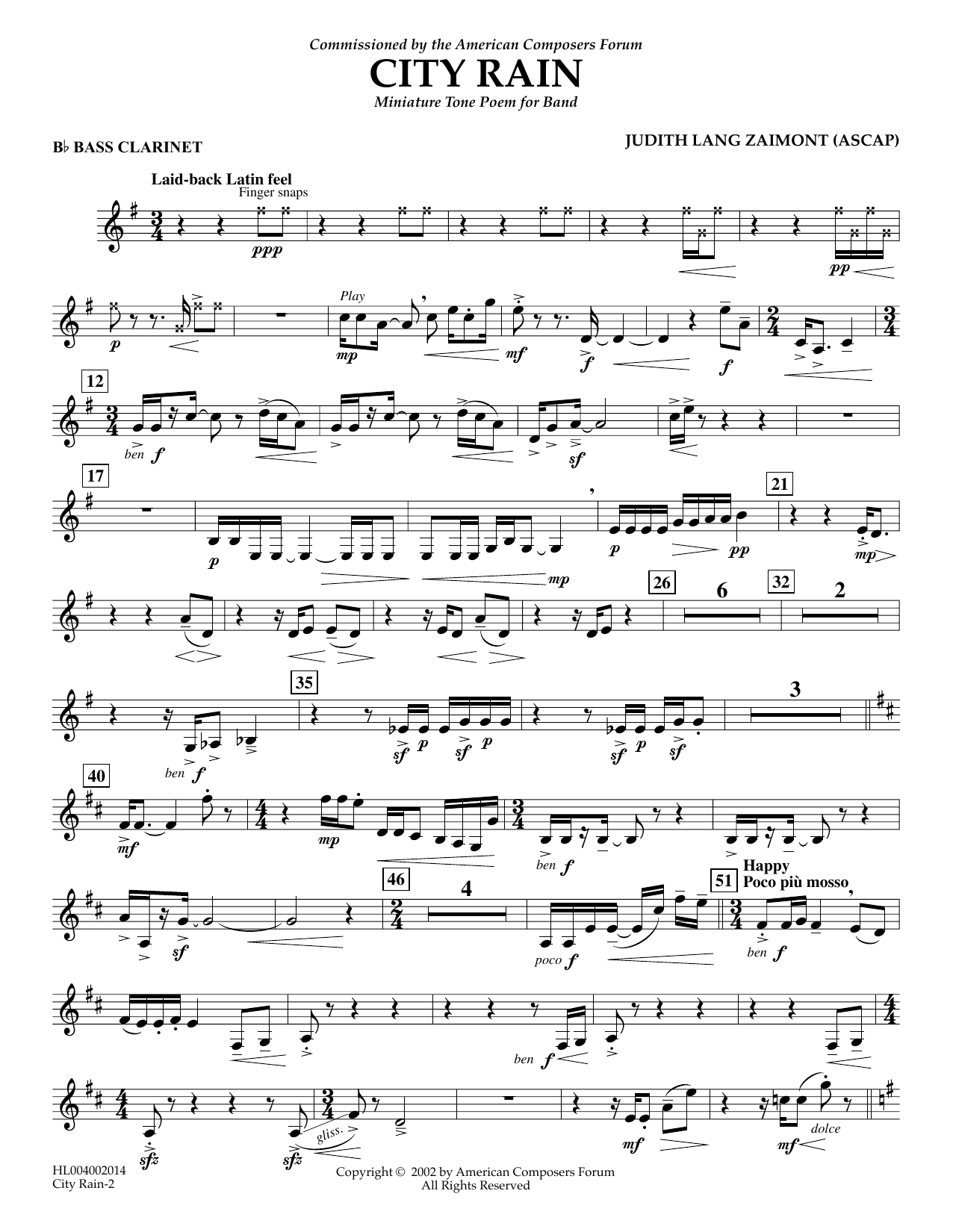 Judith Zaimont City Rain - Bb Bass Clarinet sheet music notes and chords arranged for Concert Band