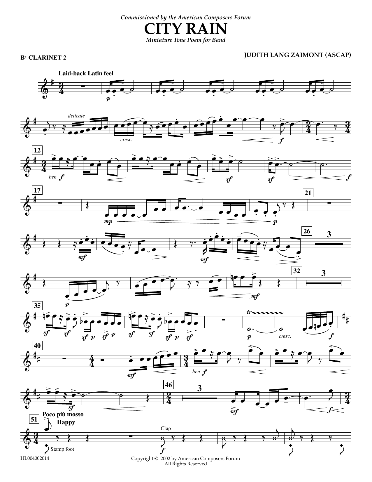 Judith Zaimont City Rain - Bb Clarinet 2 sheet music notes and chords arranged for Concert Band