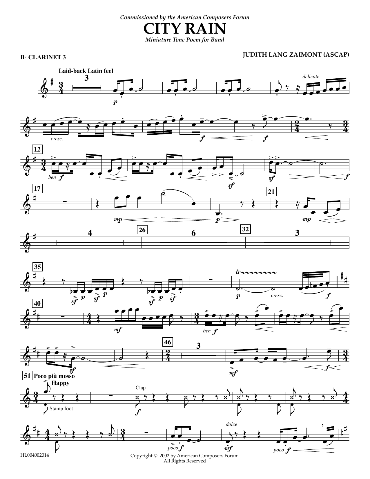Judith Zaimont City Rain - Bb Clarinet 3 sheet music notes and chords arranged for Concert Band