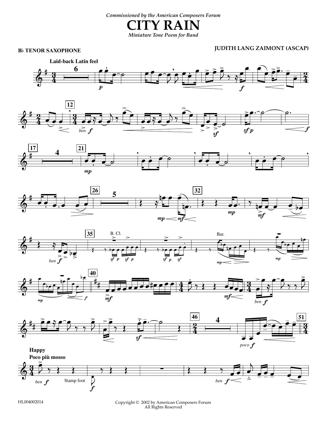 Judith Zaimont City Rain - Bb Tenor Saxophone sheet music notes and chords arranged for Concert Band