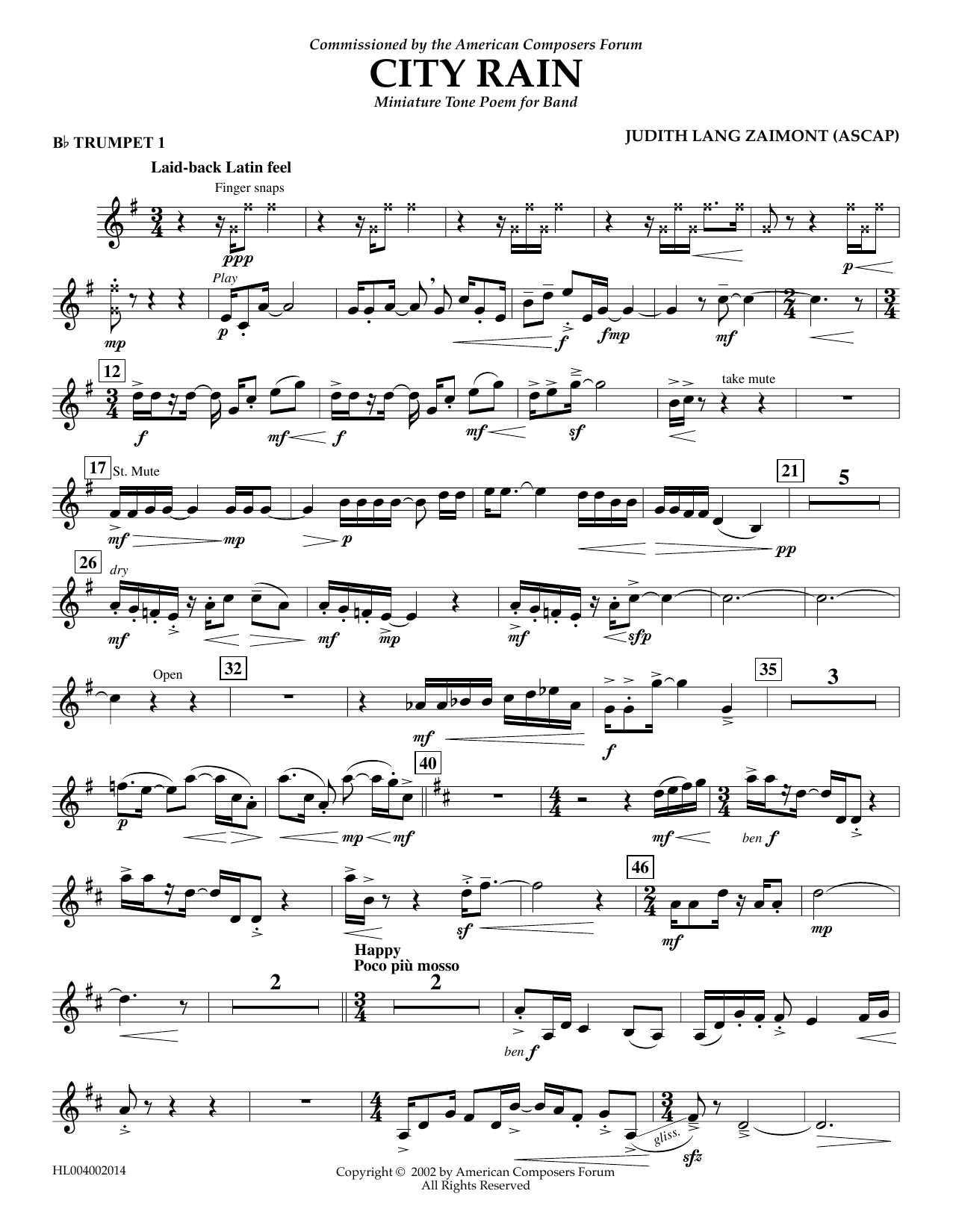 Judith Zaimont City Rain - Bb Trumpet 1 sheet music notes and chords arranged for Concert Band