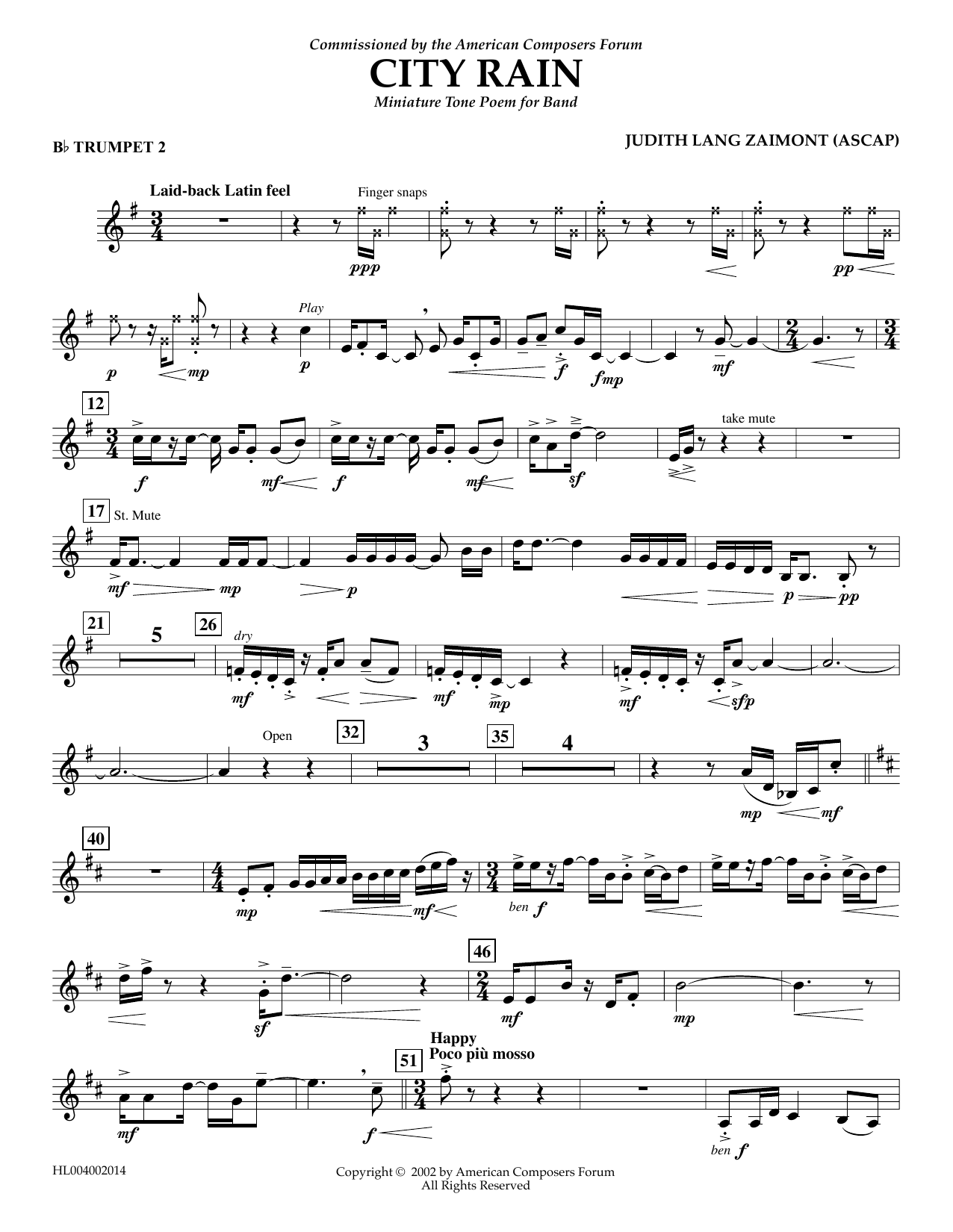 Judith Zaimont City Rain - Bb Trumpet 2 sheet music notes and chords arranged for Concert Band