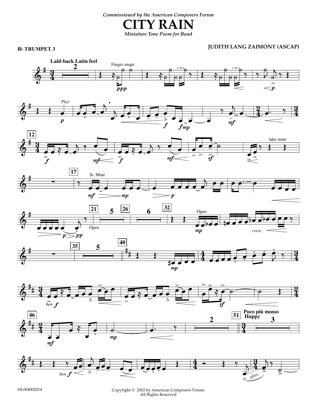Judith Zaimont City Rain - Bb Trumpet 3 sheet music notes and chords arranged for Concert Band
