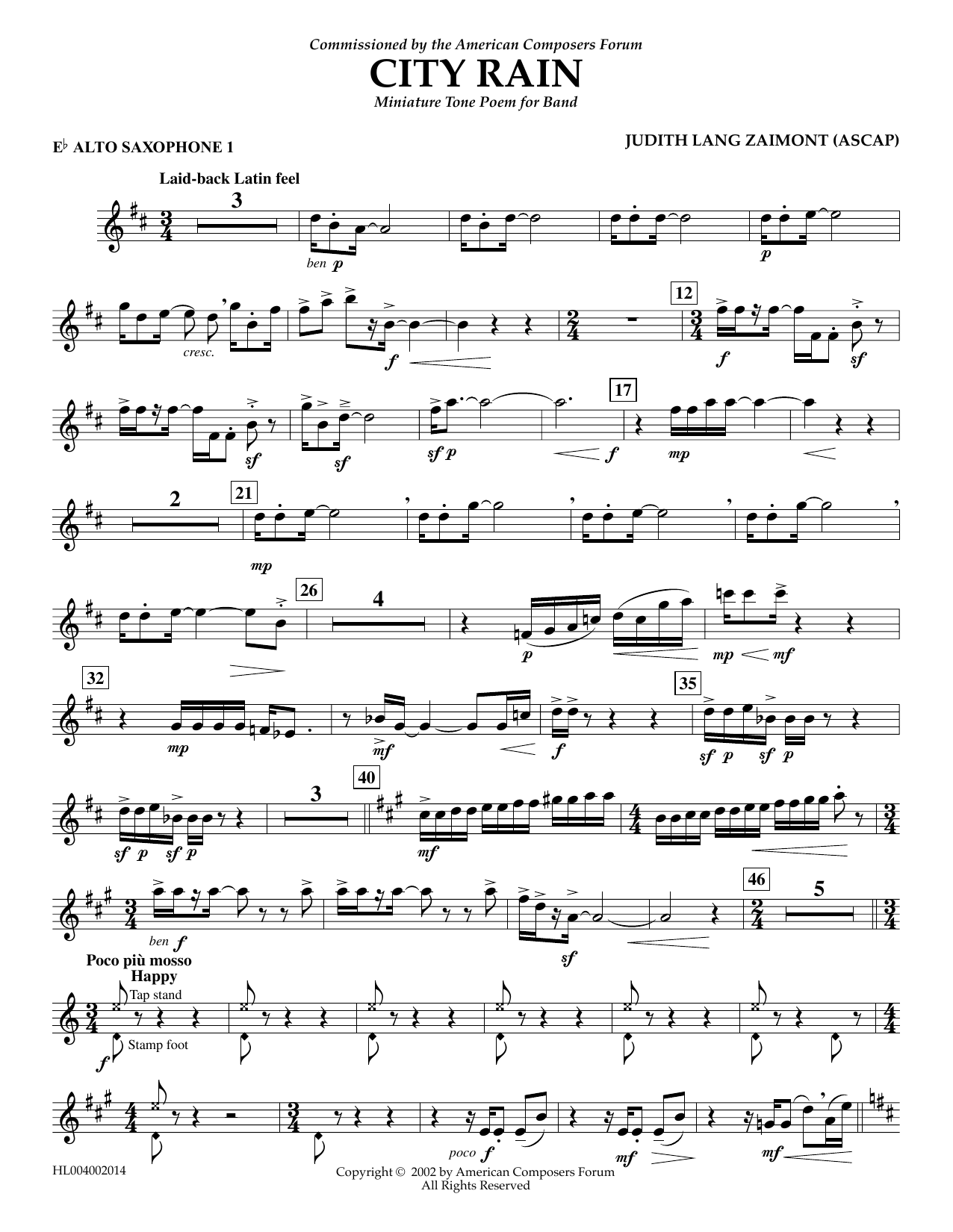 Judith Zaimont City Rain - Eb Alto Saxophone 1 sheet music notes and chords arranged for Concert Band
