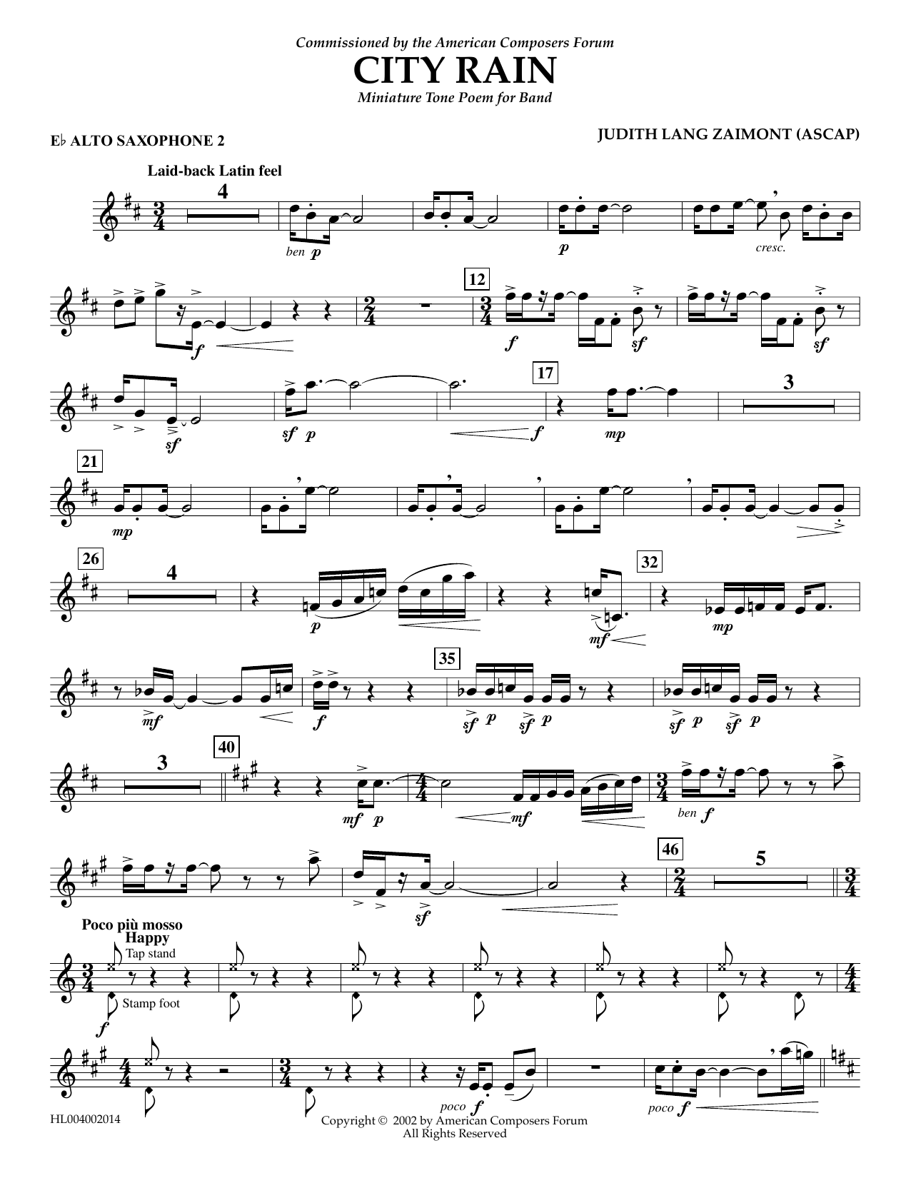 Judith Zaimont City Rain - Eb Alto Saxophone 2 sheet music notes and chords arranged for Concert Band