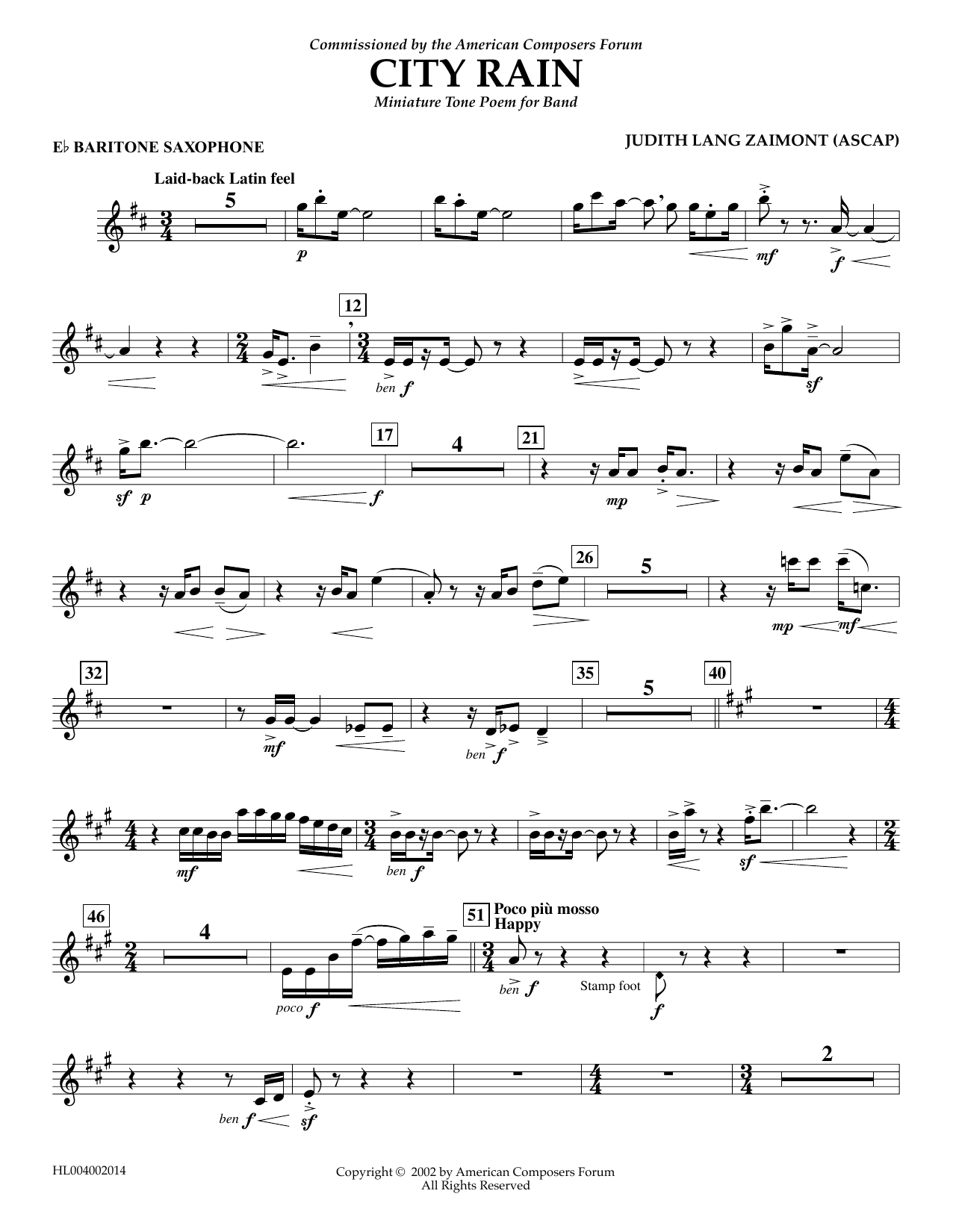 Judith Zaimont City Rain - Eb Baritone Saxophone sheet music notes and chords arranged for Concert Band