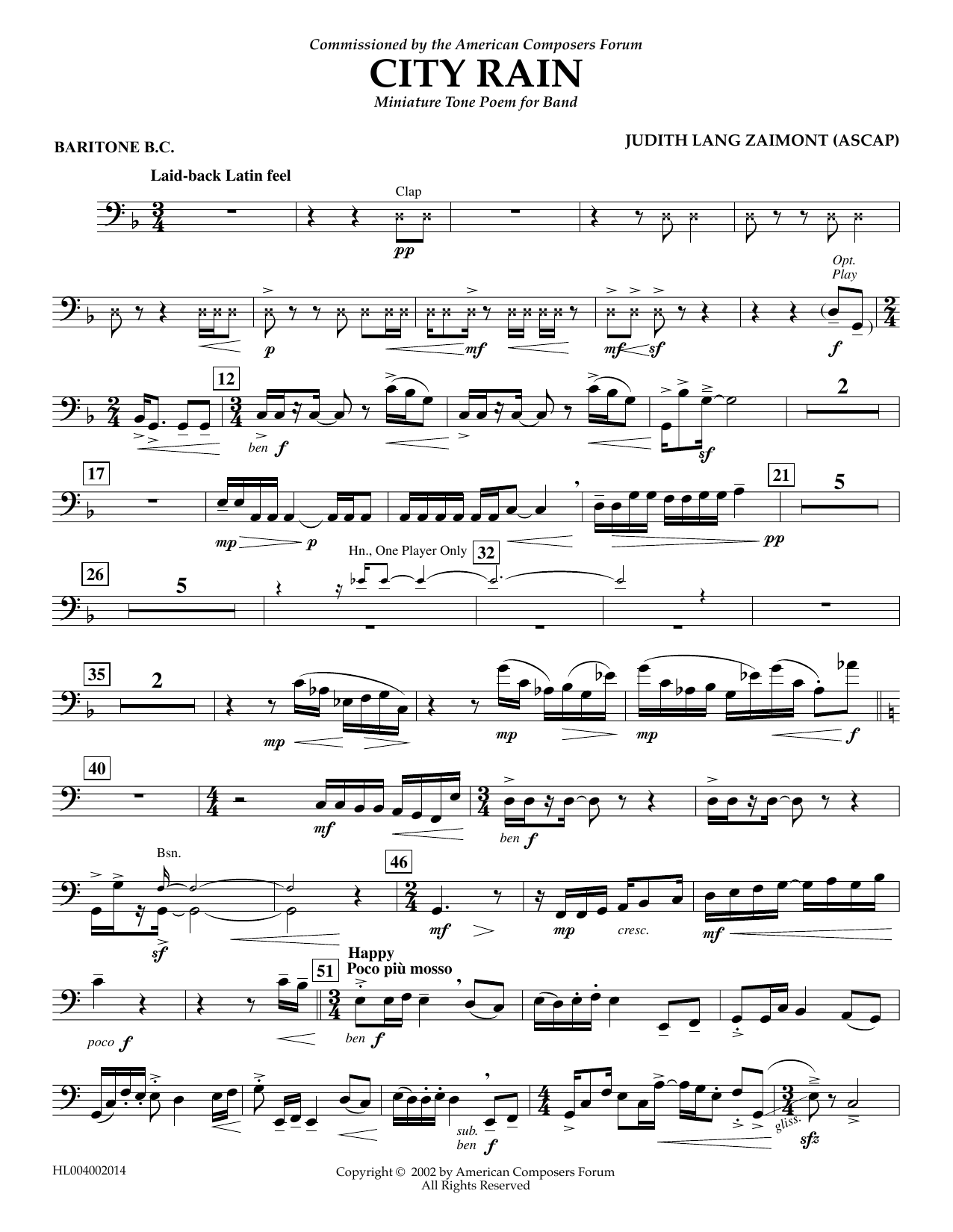 Judith Zaimont City Rain - Euphonium in Bass Clef sheet music notes and chords arranged for Concert Band