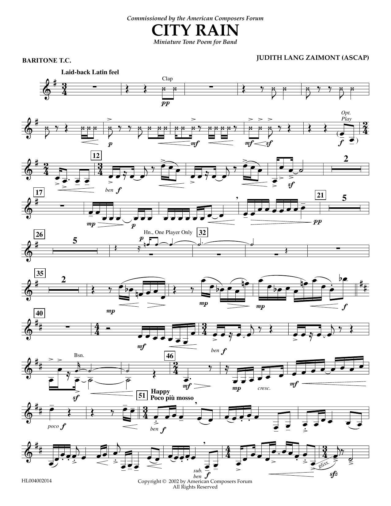 Judith Zaimont City Rain - Euphonium in Treble Clef sheet music notes and chords arranged for Concert Band