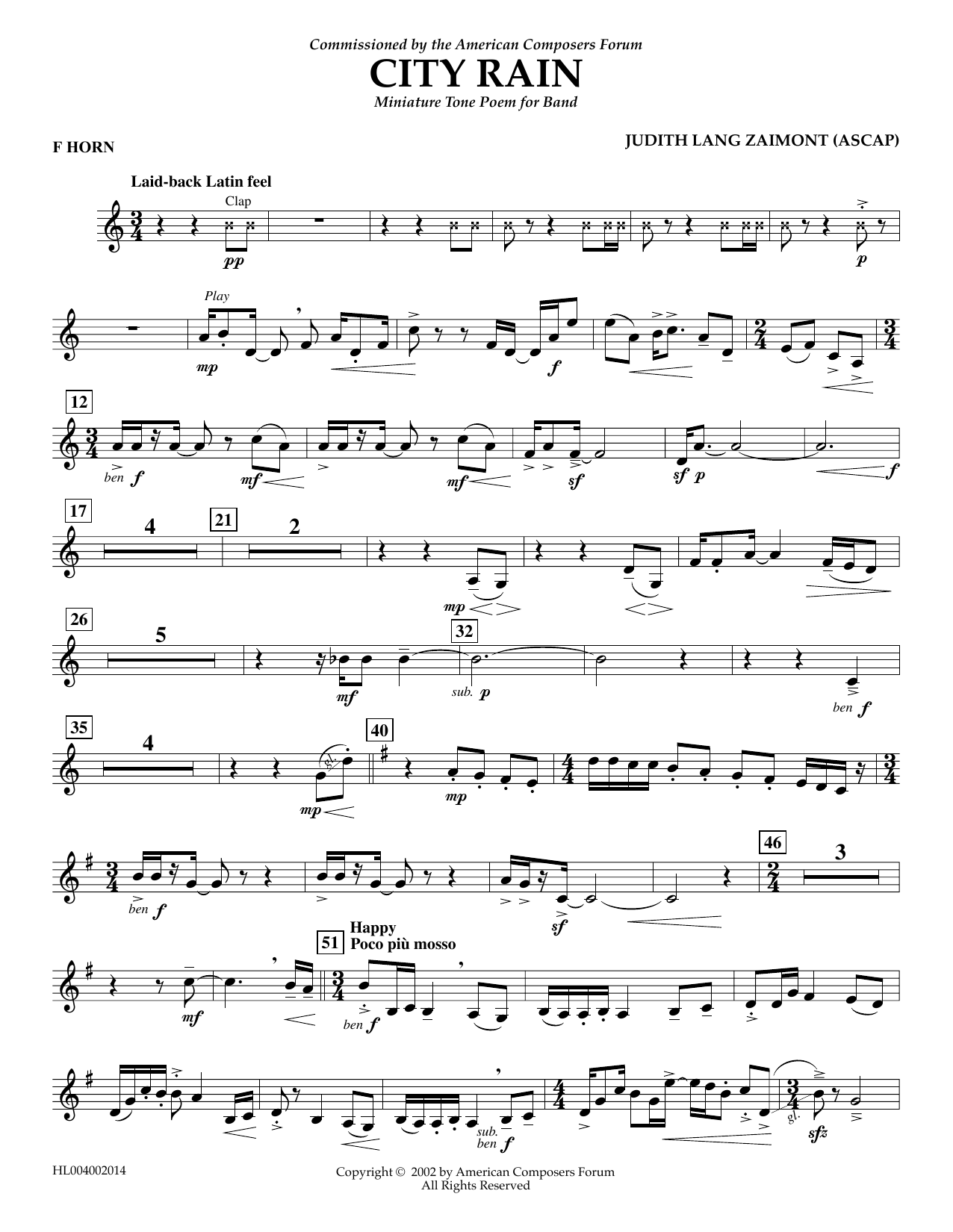 Judith Zaimont City Rain - F Horn sheet music notes and chords arranged for Concert Band