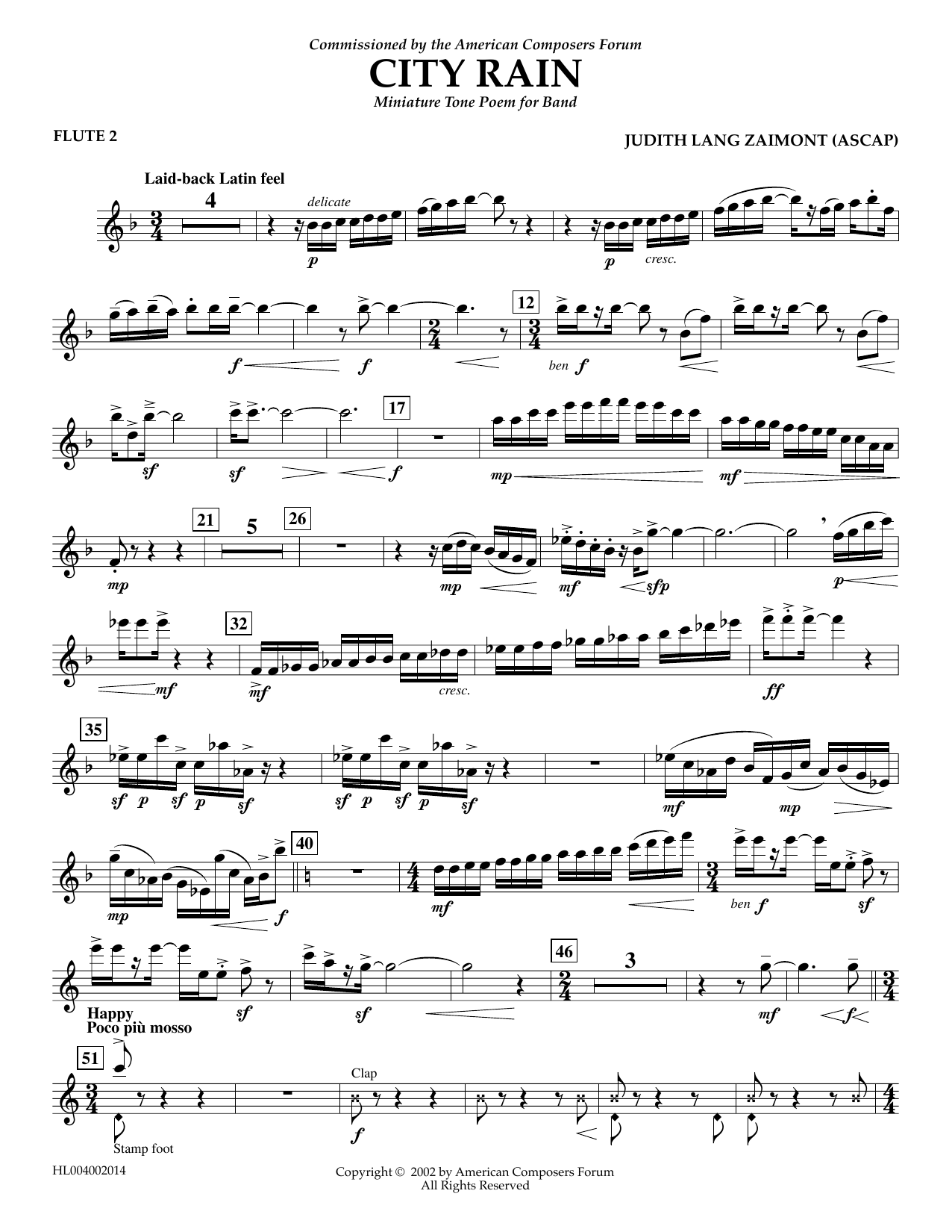 Judith Zaimont City Rain - Flute 2 sheet music notes and chords arranged for Concert Band