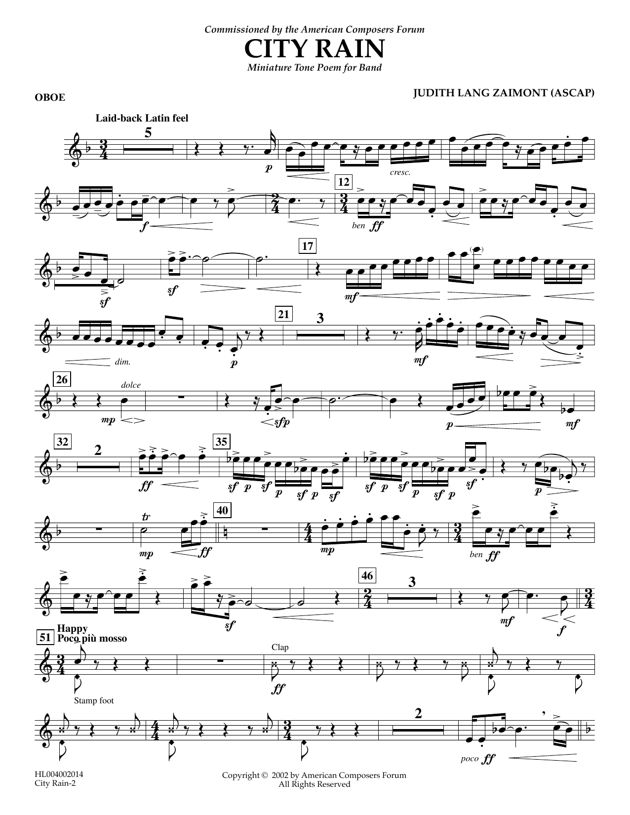 Judith Zaimont City Rain - Oboe sheet music notes and chords arranged for Concert Band