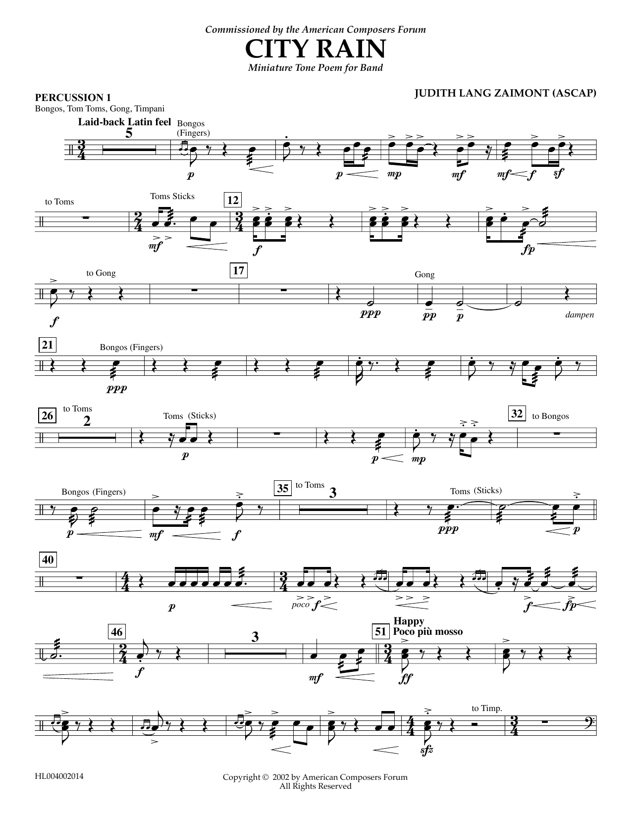 Judith Zaimont City Rain - Percussion 1 sheet music notes and chords arranged for Concert Band