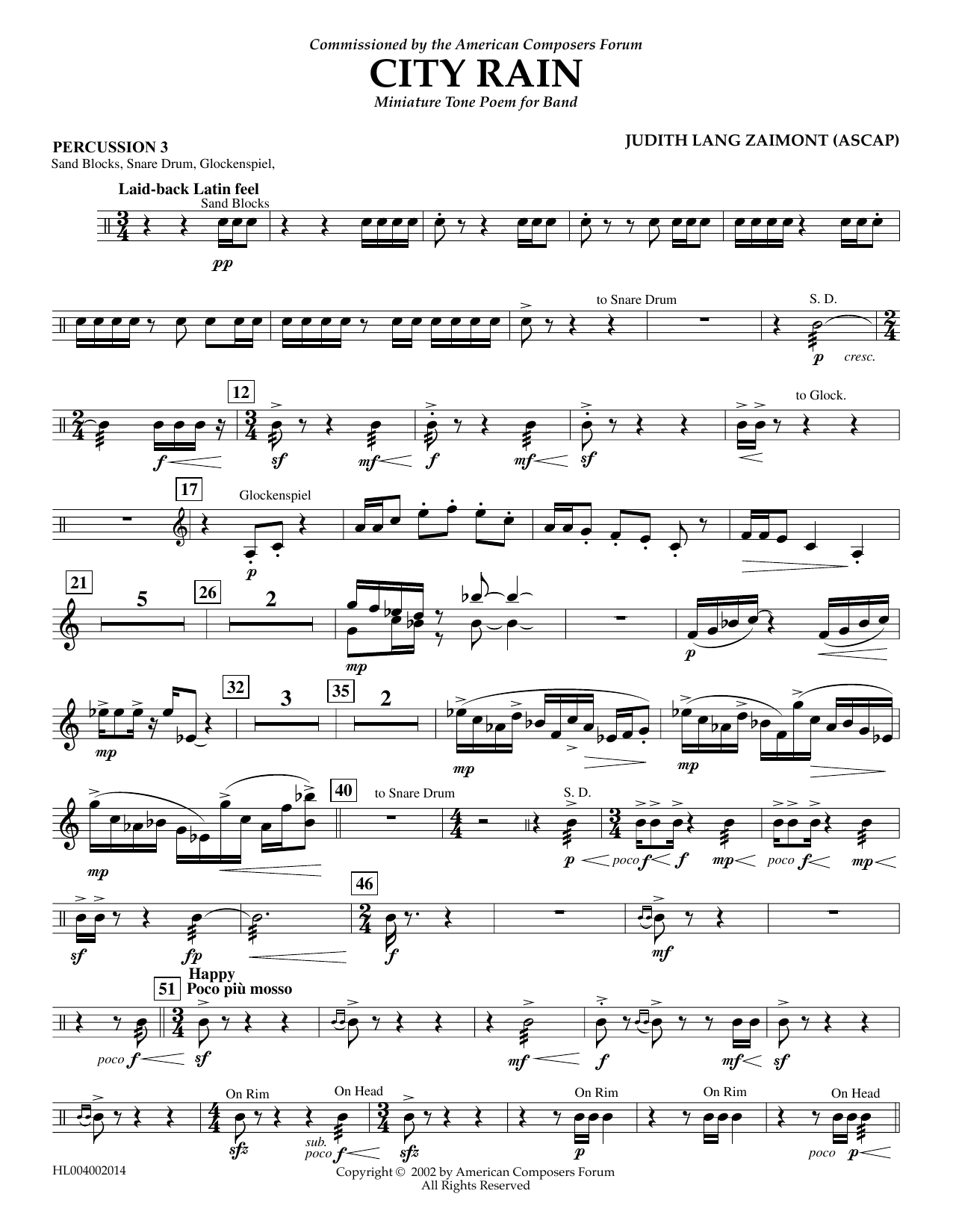 Judith Zaimont City Rain - Percussion 3 sheet music notes and chords arranged for Concert Band