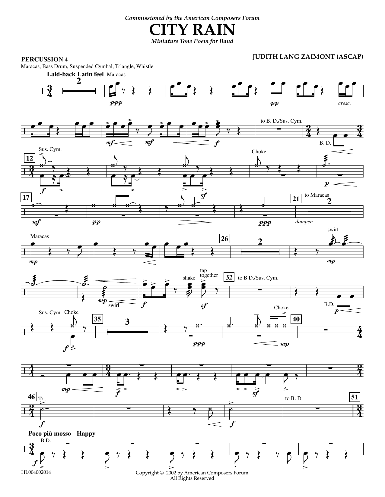 Judith Zaimont City Rain - Percussion 4 sheet music notes and chords arranged for Concert Band